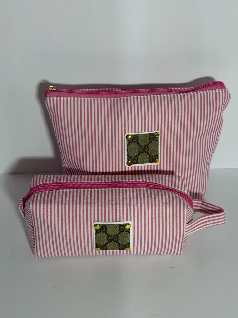 Pink & White Striped seersucker Makeup Pouch Duo w/ upcycled Gucci Patch